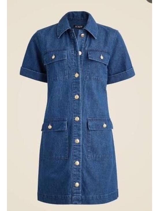 J. Crew Dresses & Skirts - J.Crew Utility Pocket Denim Mini Dress Gold Buttons Short Sleeve Blue Size 2
